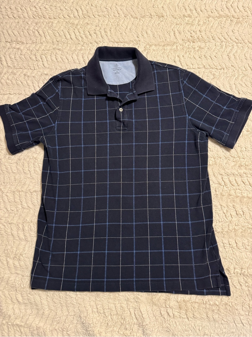 Lands’ End Men’s L 100% Cotton Grid Check Polo Navy Blue Windowpane